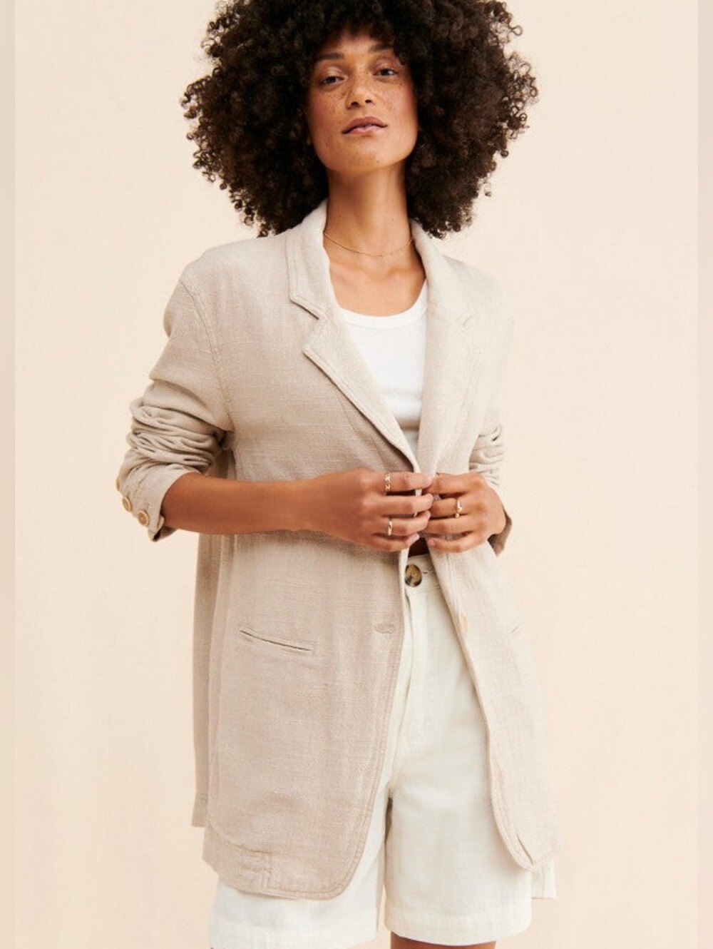 Free People Neutral Oversized Linen Blend Blazer XS